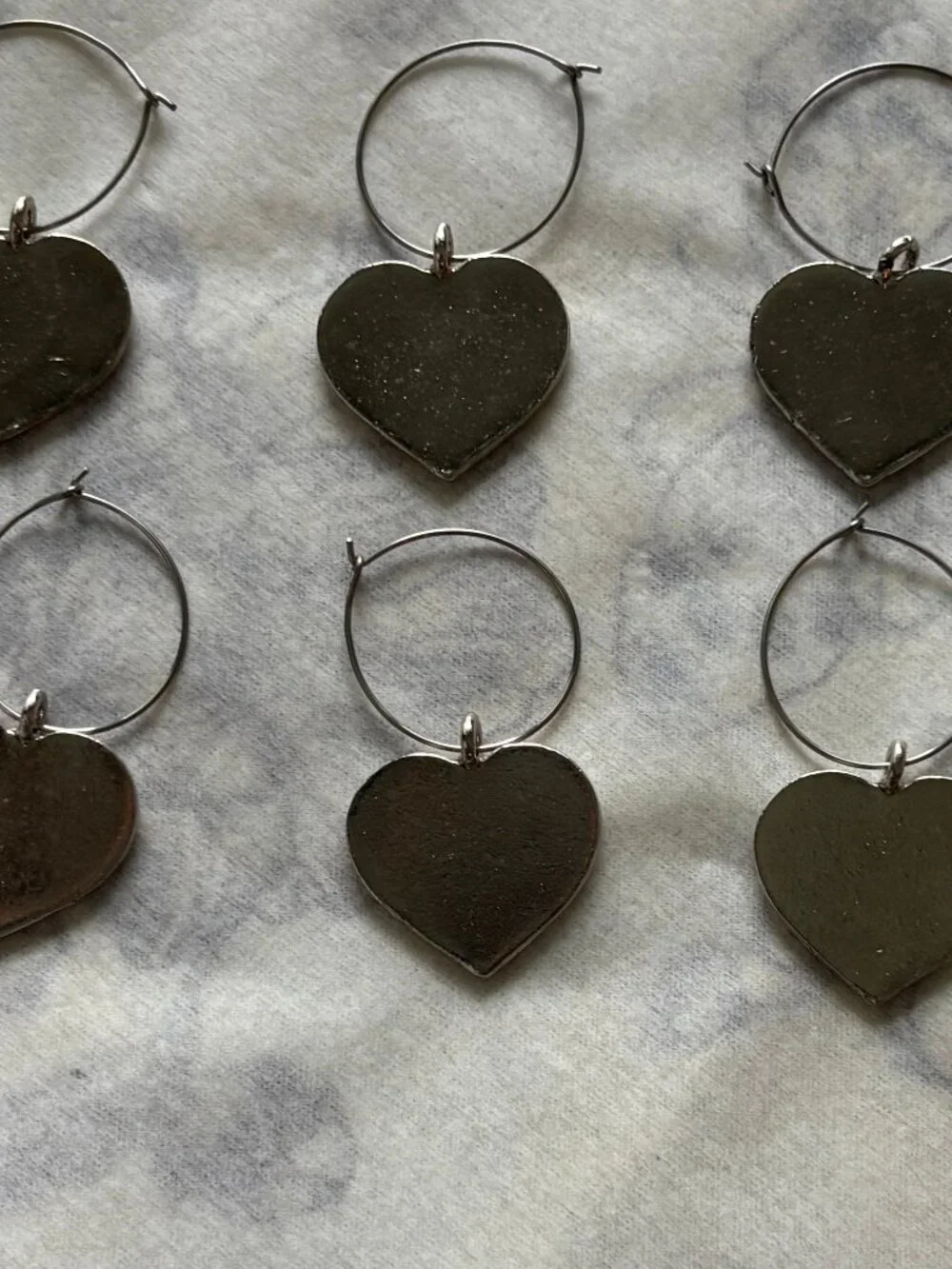 Set of Six Colored Enamel Heart Wine Charms on Silver Ring